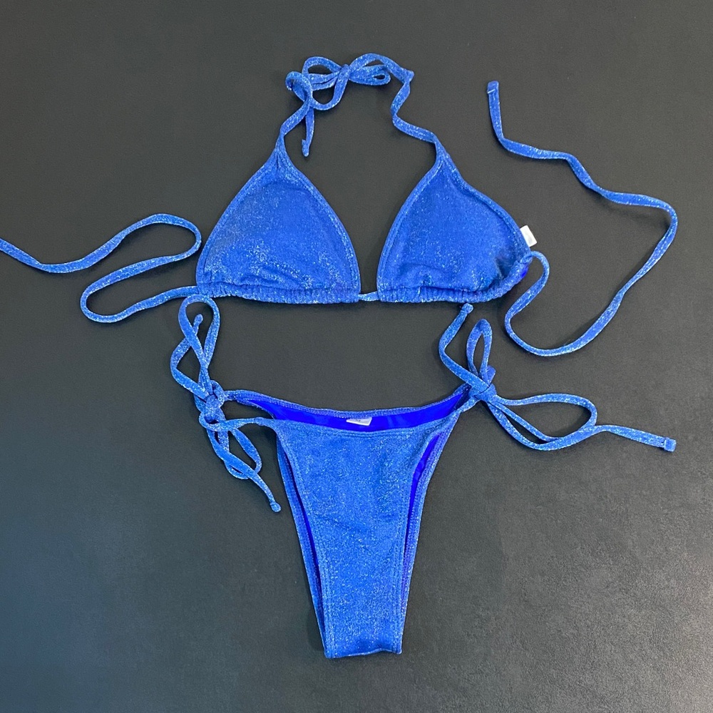 Blue Sparkle String Bikini Top and Bottom Set